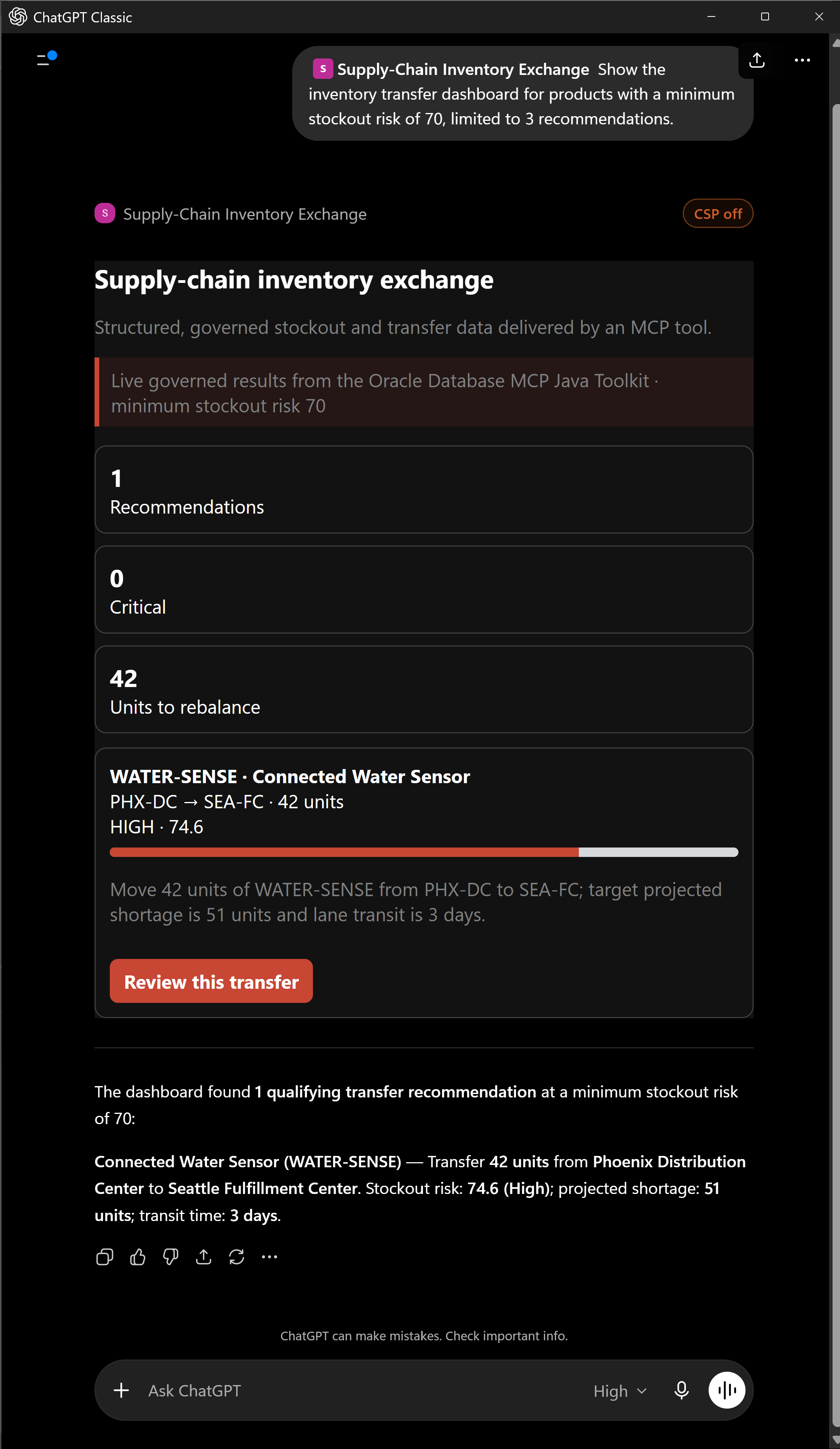 ChatGPT rendering the Supply-Chain Inventory Exchange MCP App with the live WATER-SENSE recommendation from PHX-DC to SEA-FC for 42 units at stockout risk 74.6.