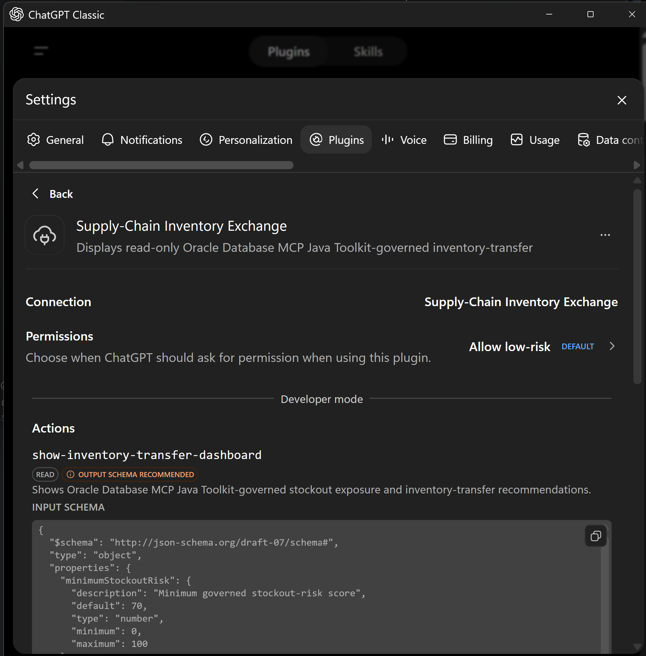 ChatGPT plugin settings showing the single discovered show-inventory-transfer-dashboard action and its bounded risk and limit input schema.