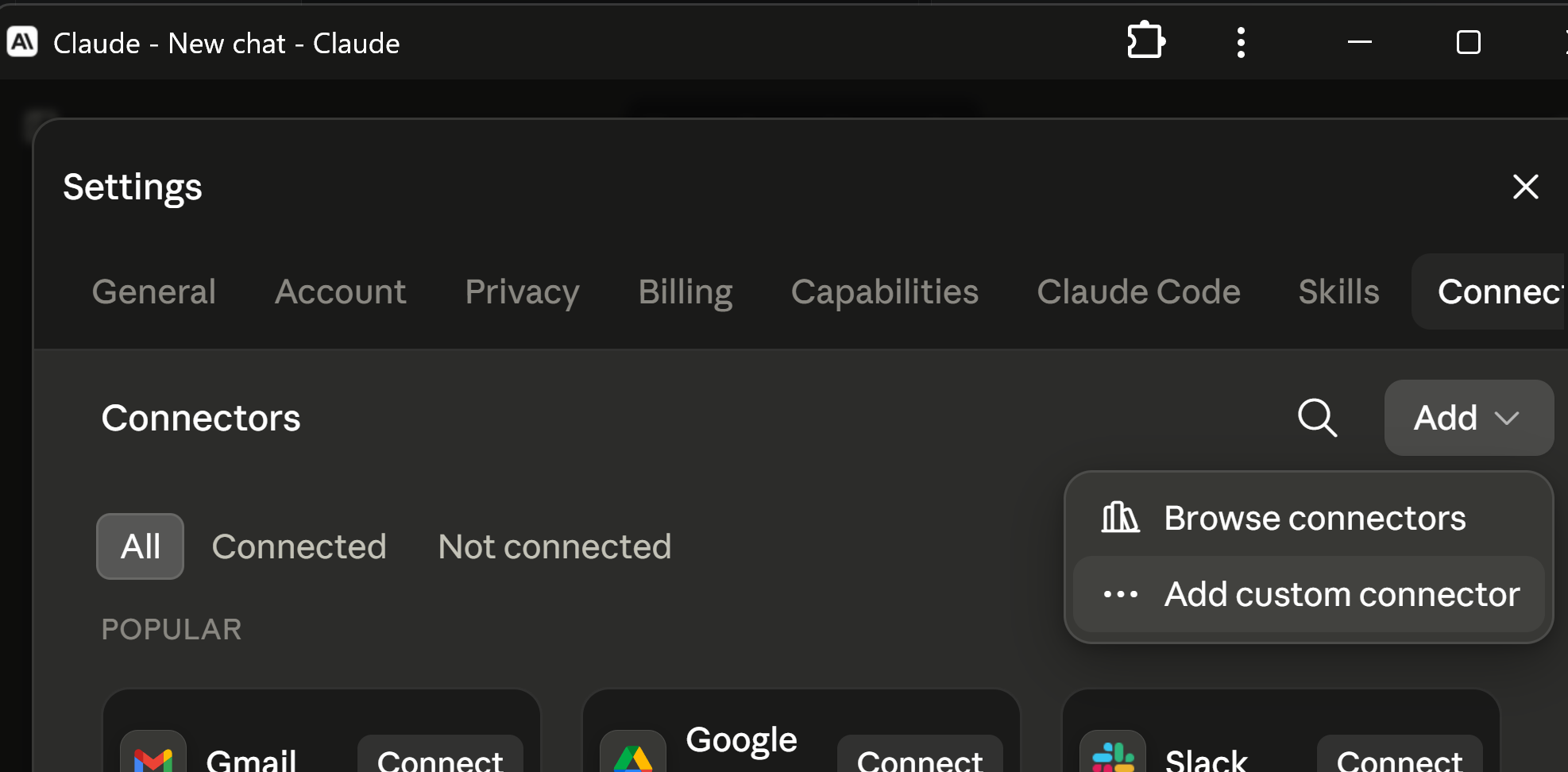 Claude Connectors settings with the Add menu open and Add custom connector selected.