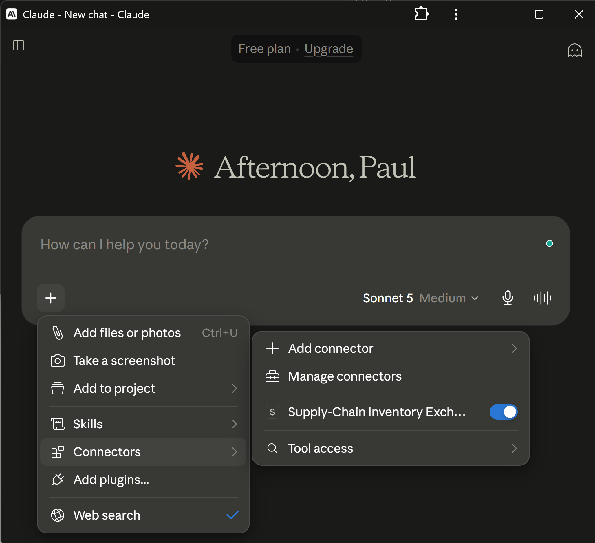Claude chat plus menu with Supply-Chain Inventory Exchange enabled under Connectors.