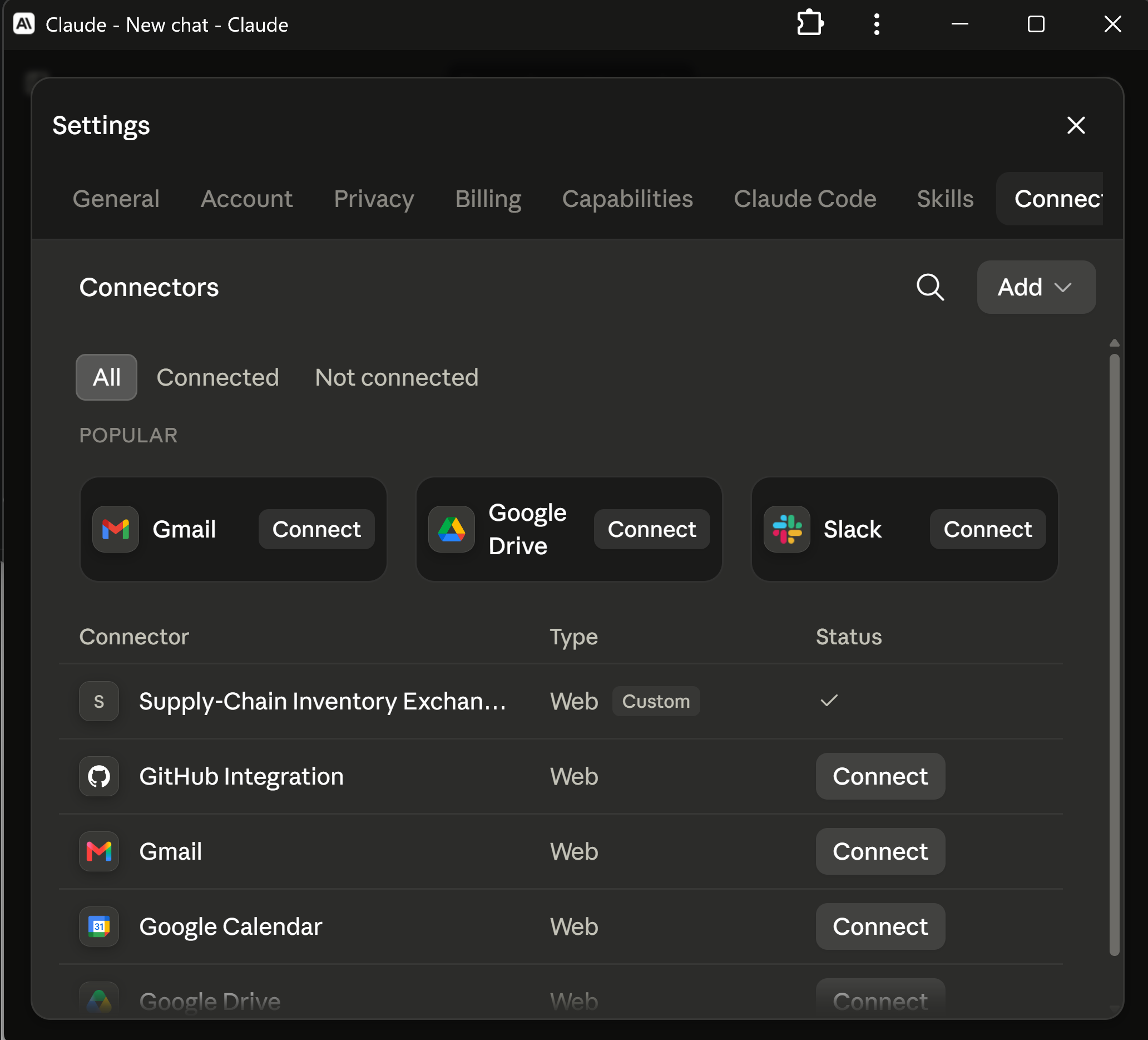 Claude connector list showing Supply-Chain Inventory Exchange connected as a custom web connector.