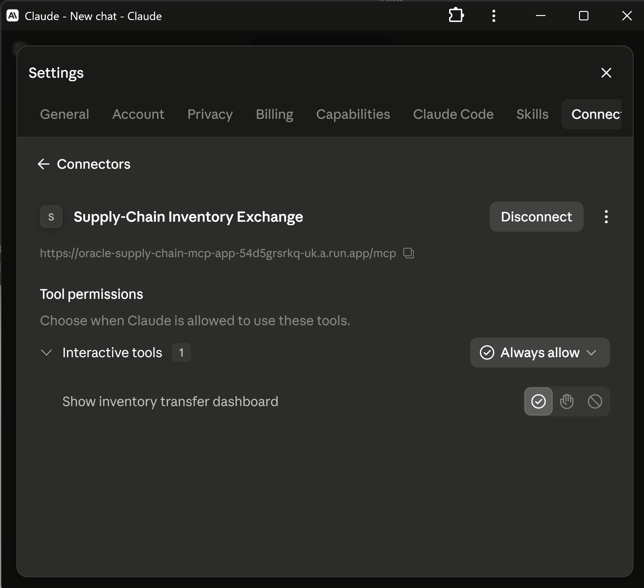 Claude connector detail page showing one interactive inventory dashboard tool and its permission control.