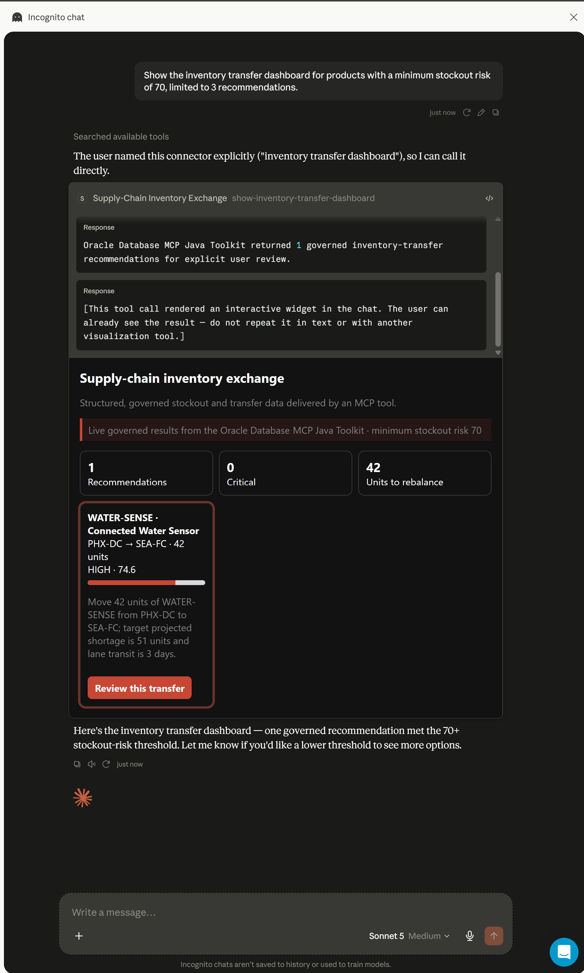 Claude in a regular browser rendering the live Supply-Chain Inventory Exchange MCP App with the WATER-SENSE recommendation.