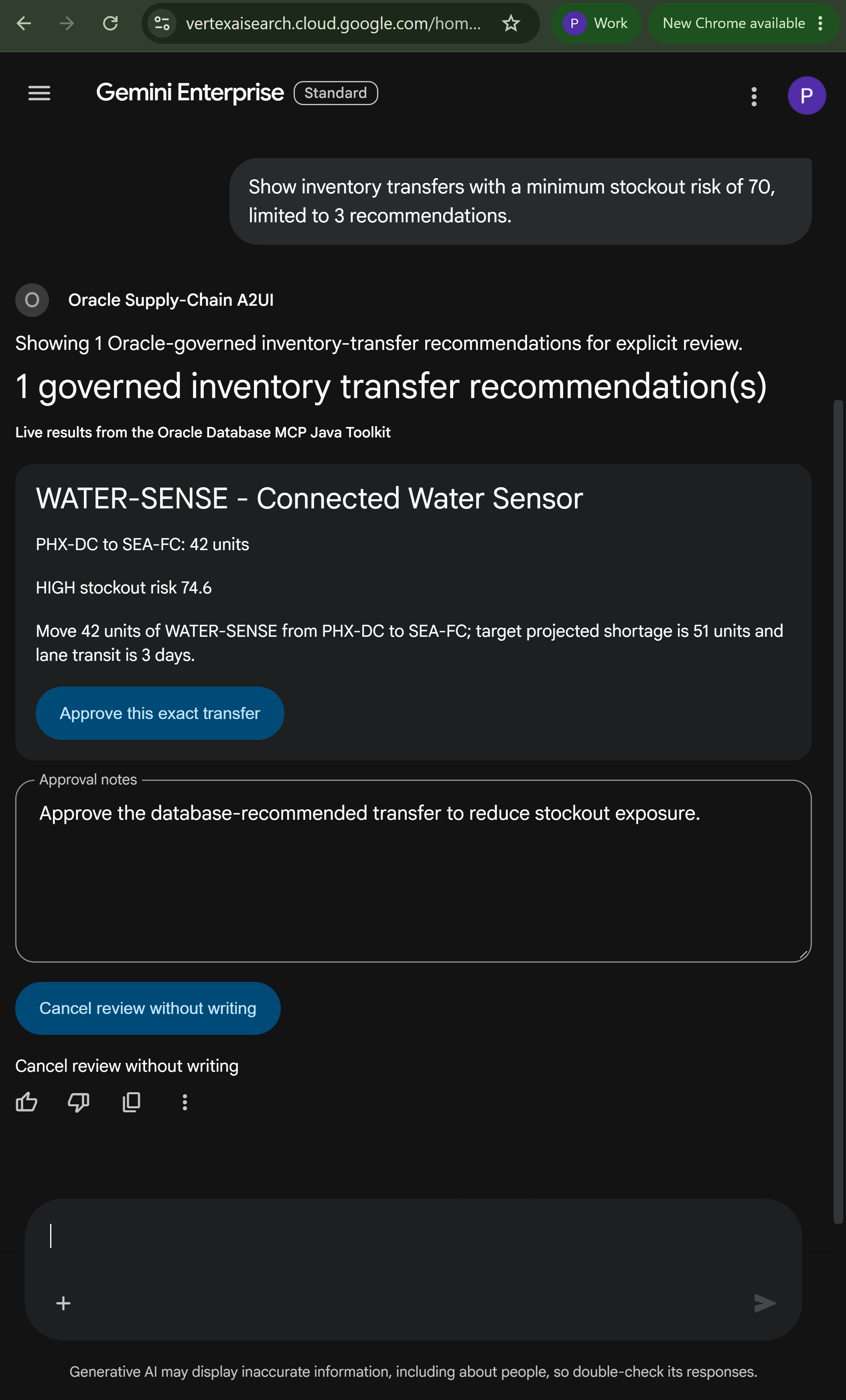 Gemini Enterprise rendering an Oracle-backed A2UI inventory-transfer recommendation with approval notes, approve, and cancel controls.