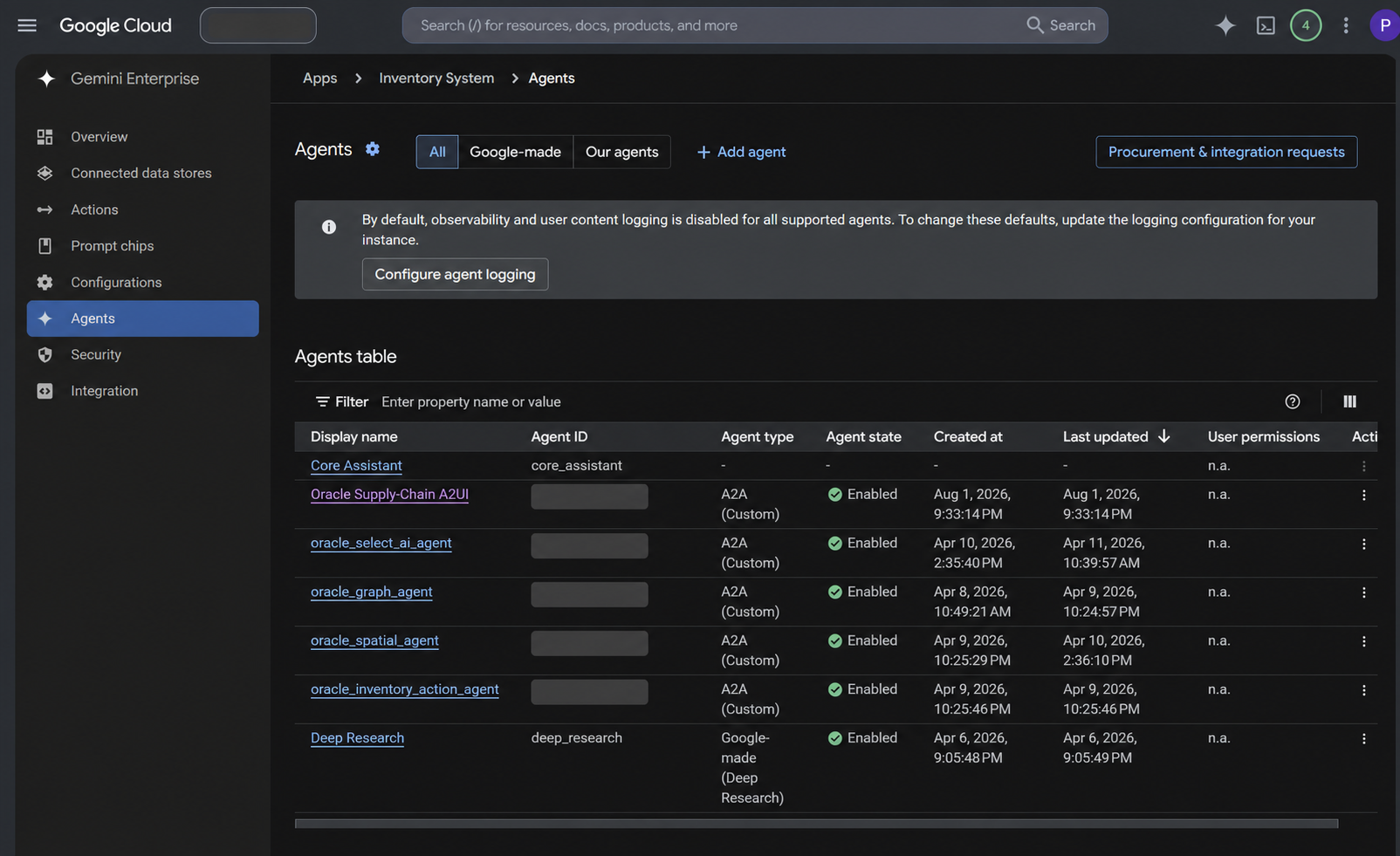 Google Cloud Gemini Enterprise Agents page showing Oracle Supply-Chain A2UI as an enabled custom A2A agent in the Inventory System app.