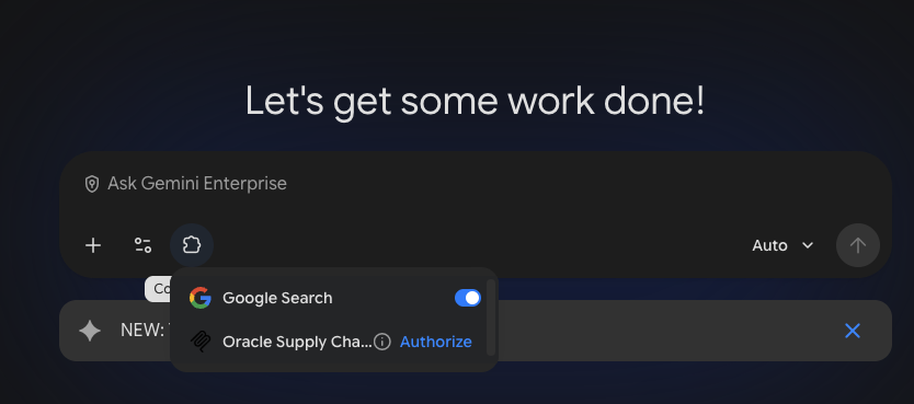 Gemini Enterprise connector menu offering authorization for the Oracle Supply-Chain MCP App.