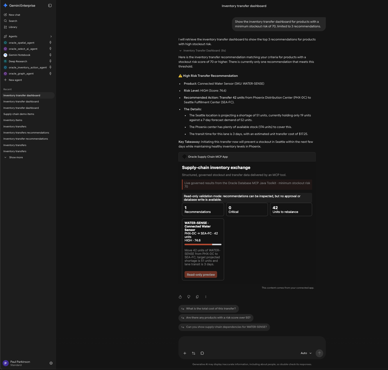 Gemini Enterprise displaying the Oracle Supply-Chain MCP App with a governed inventory-transfer recommendation.