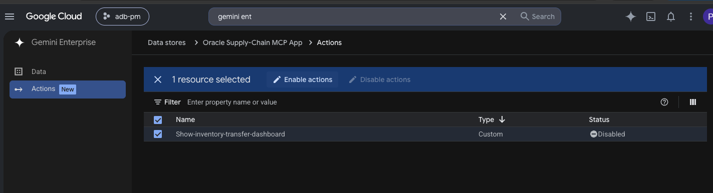 Gemini Enterprise connector Actions page with the show-inventory-transfer-dashboard action selected for enablement.