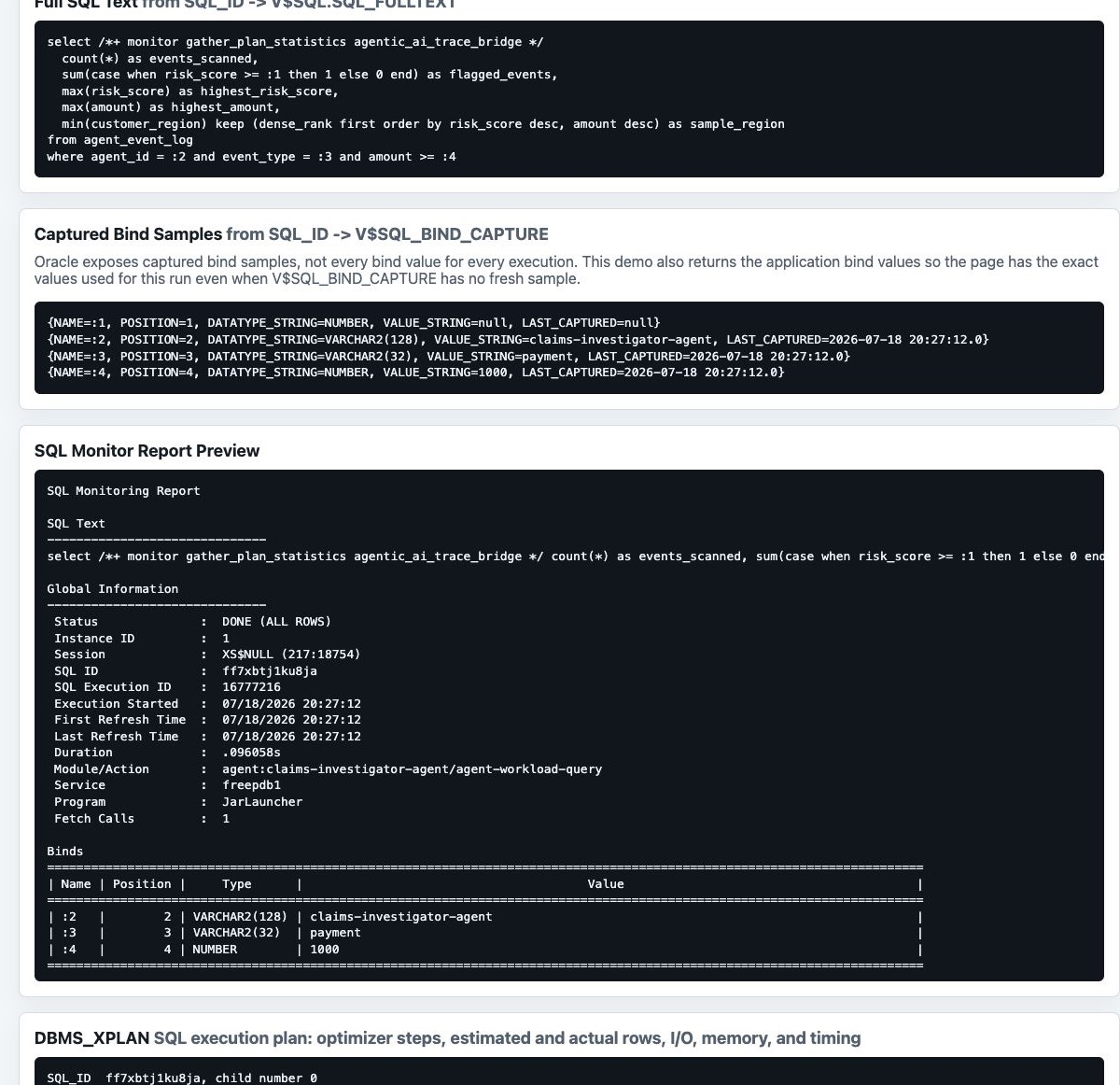 Demo page showing full SQL text from SQL_ID to V$SQL.SQL_FULLTEXT, captured bind sample explanation, and SQL Monitor report preview.
