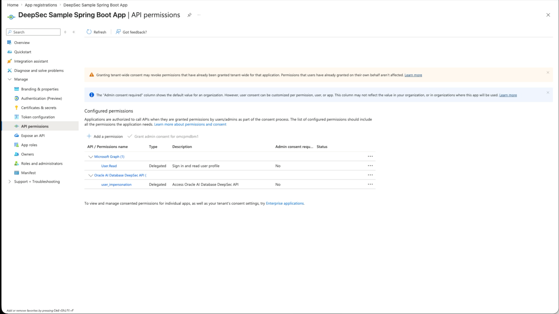 Azure Portal API permissions page with Microsoft Graph User.Read and Oracle AI Database DeepSec API user_impersonation delegated permission listed.