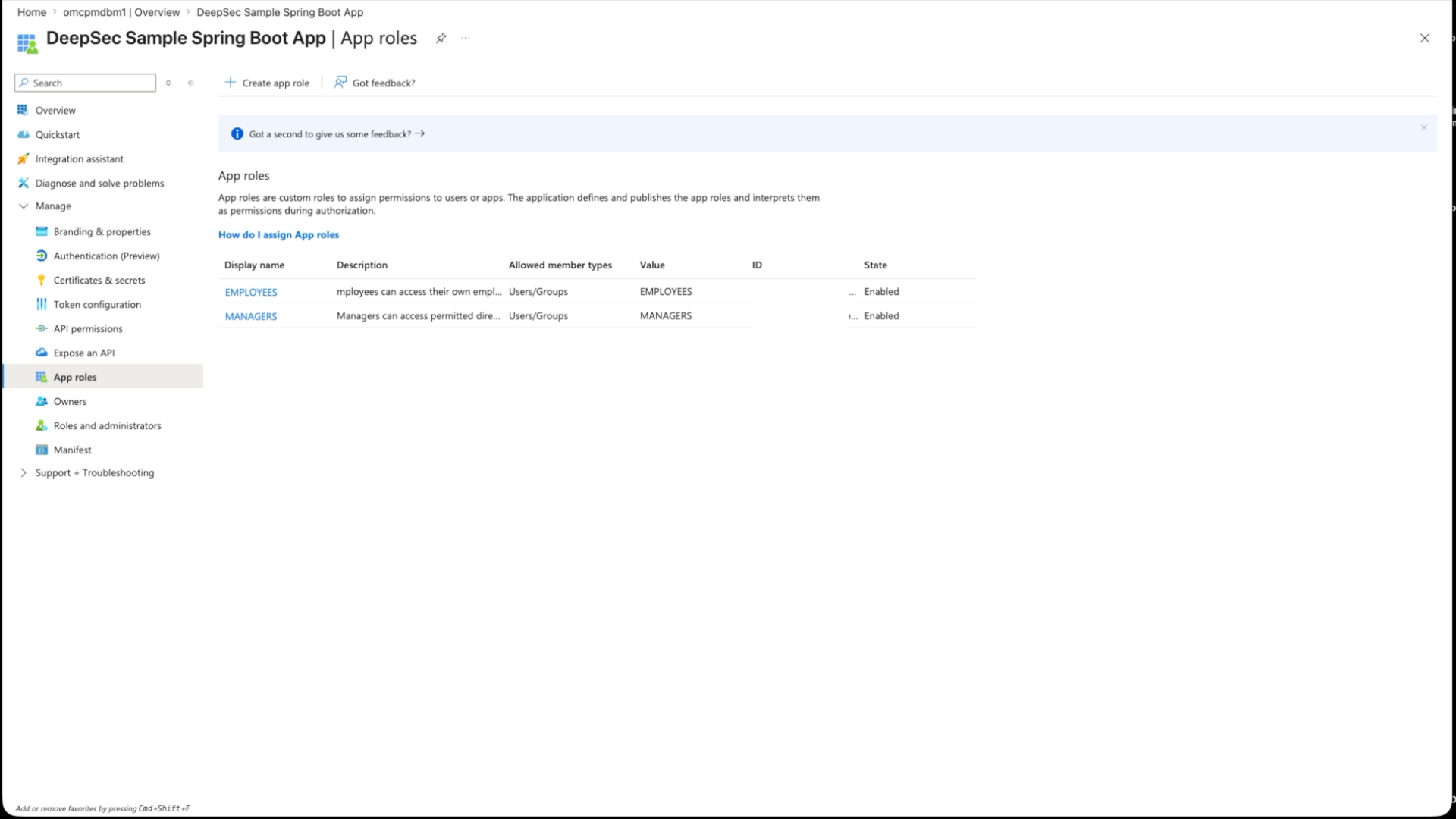 Azure Portal app roles list for the DeepSec Sample Spring Boot App showing EMPLOYEES and MANAGERS roles enabled for users and groups.