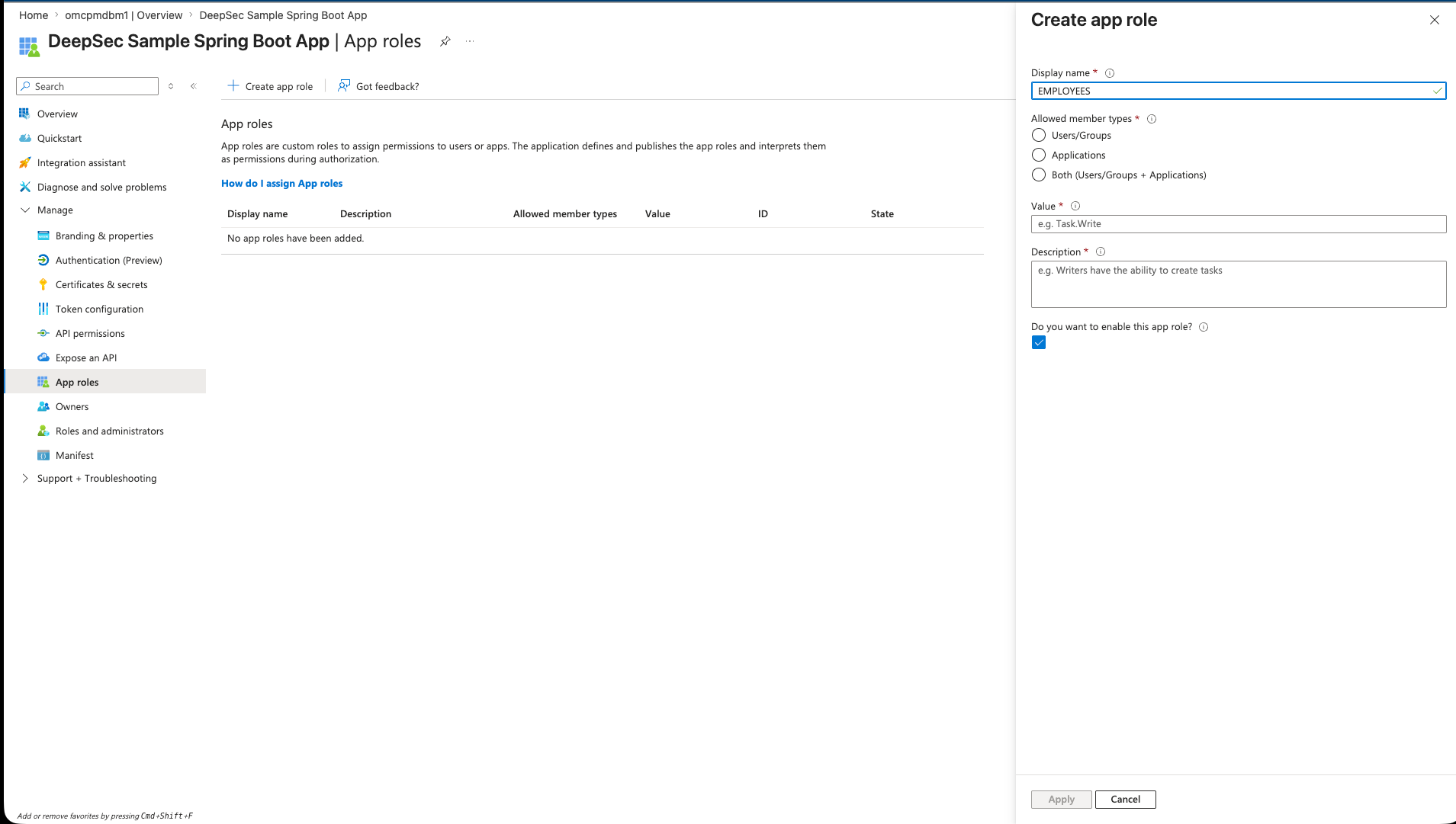 Azure Portal Create app role panel with EMPLOYEES entered as the display name and role value, allowed for users and groups.