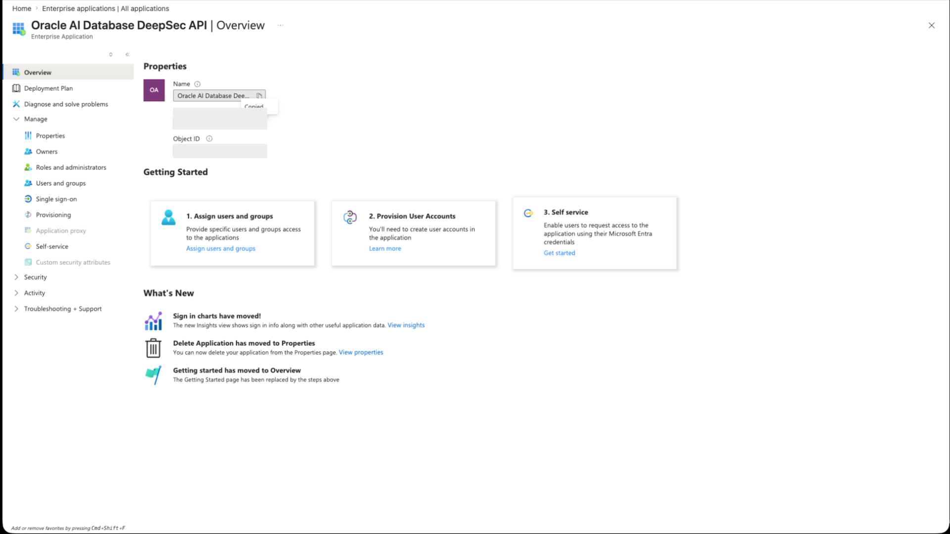 Azure Portal enterprise application overview for the Oracle AI Database DeepSec API, highlighting the application ID used for database scope and token audience.