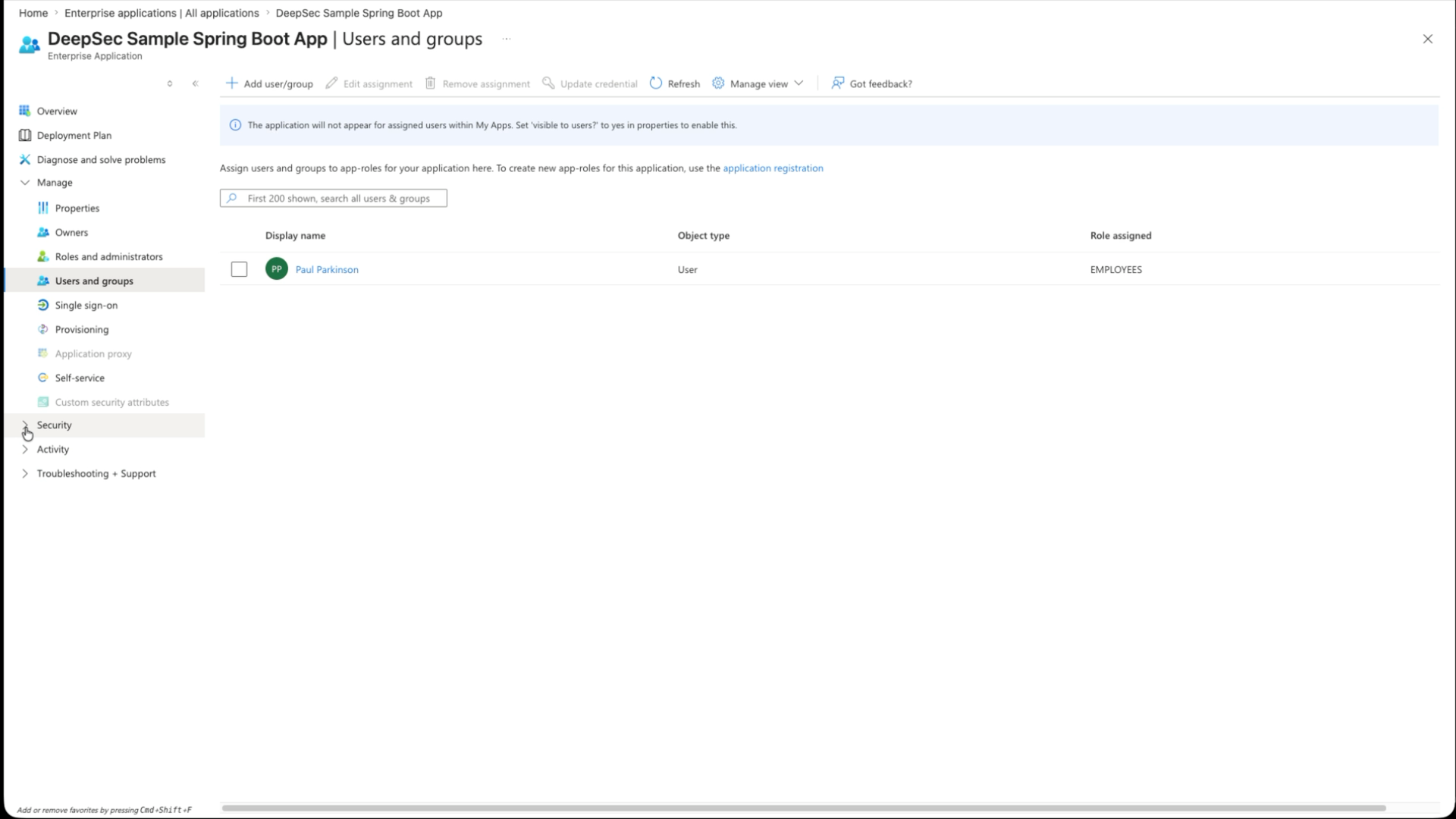 Azure Portal Enterprise application Users and groups page for the DeepSec Sample Spring Boot App with a user assigned to the EMPLOYEES role.