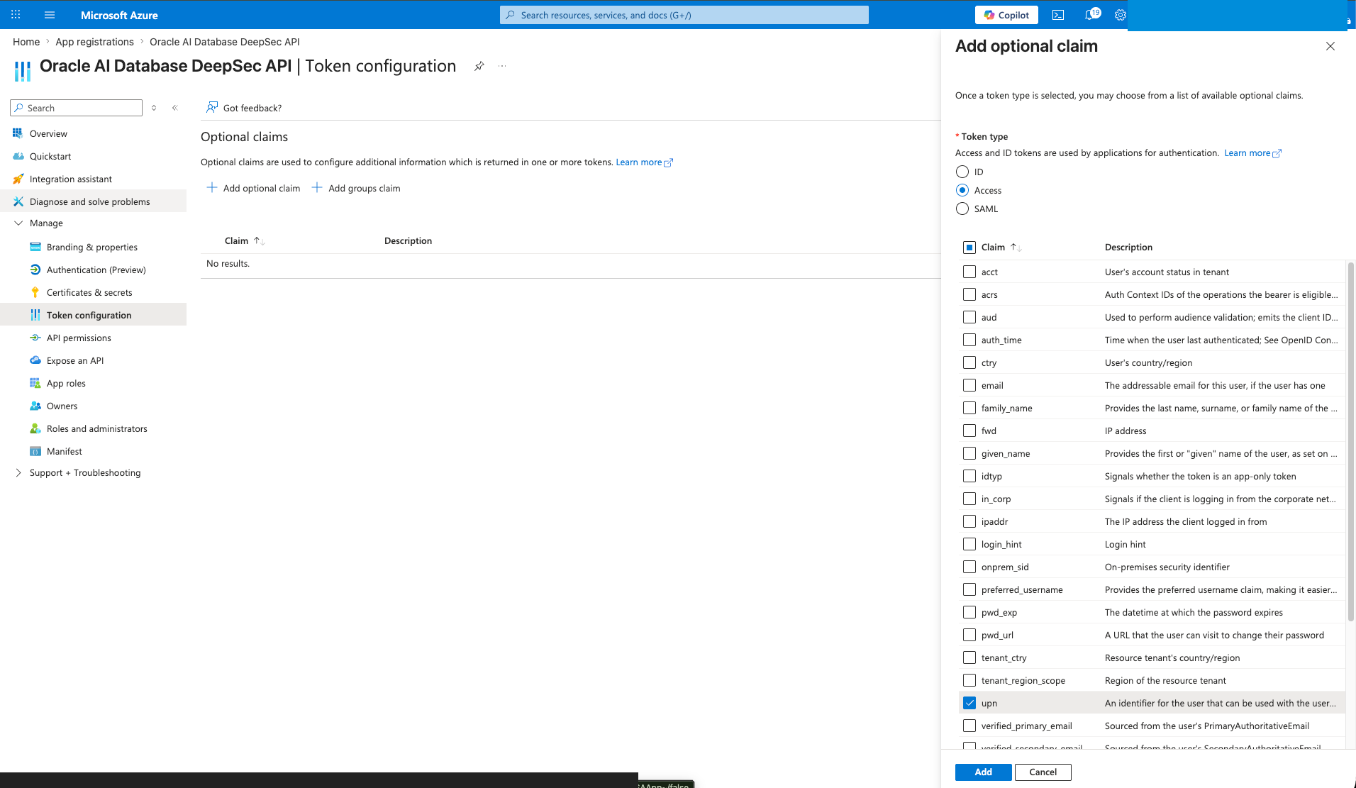 Azure Portal token configuration page with the Add optional claim panel open and the upn access-token claim selected.