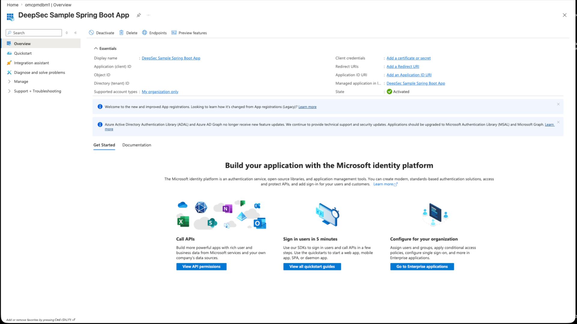 Azure Portal overview page for the DeepSec Sample Spring Boot App registration, showing redacted identifiers and client credential links.